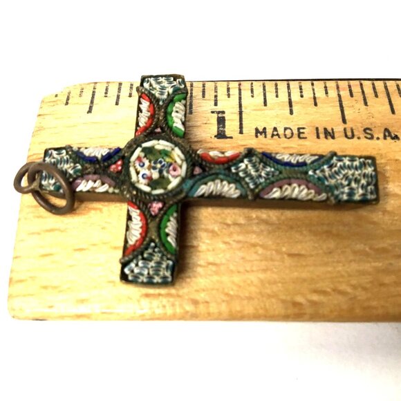 VINTAGE Italian Mosaic Glass Women Cross Pendant Millefiori Floral Religious 1.5 - Picture 5 of 7